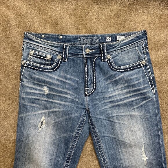 Miss Me Boyfriend Capri Women's Jeans Size 27 Blue Distressed Embroidered Denim - Picture 2 of 13
